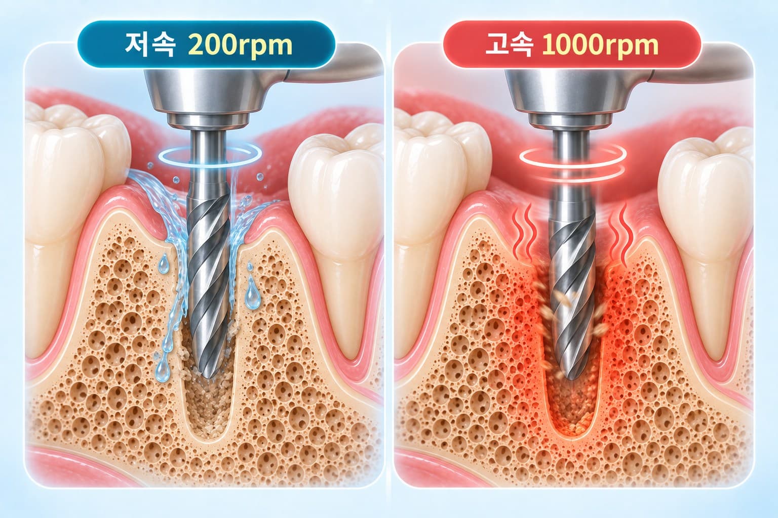 저속 드릴로 뼈를 깎을 때 열과 진동이 적은 것을 보여주는 도식