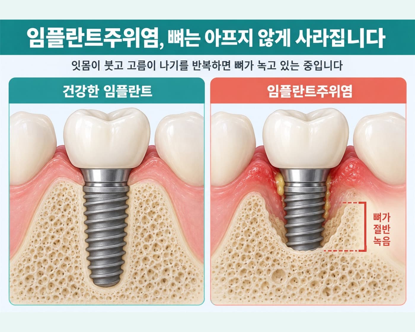 건강한 임플란트와 뼈가 절반 녹은 임플란트주위염 비교 모식도