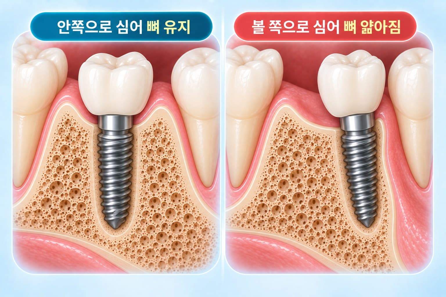 임플란트를 안쪽으로 심어 볼 쪽 뼈를 유지한 경우와 볼 쪽으로 치우쳐 심어 뼈가 얇아진 경우를 비교한 단면 도식