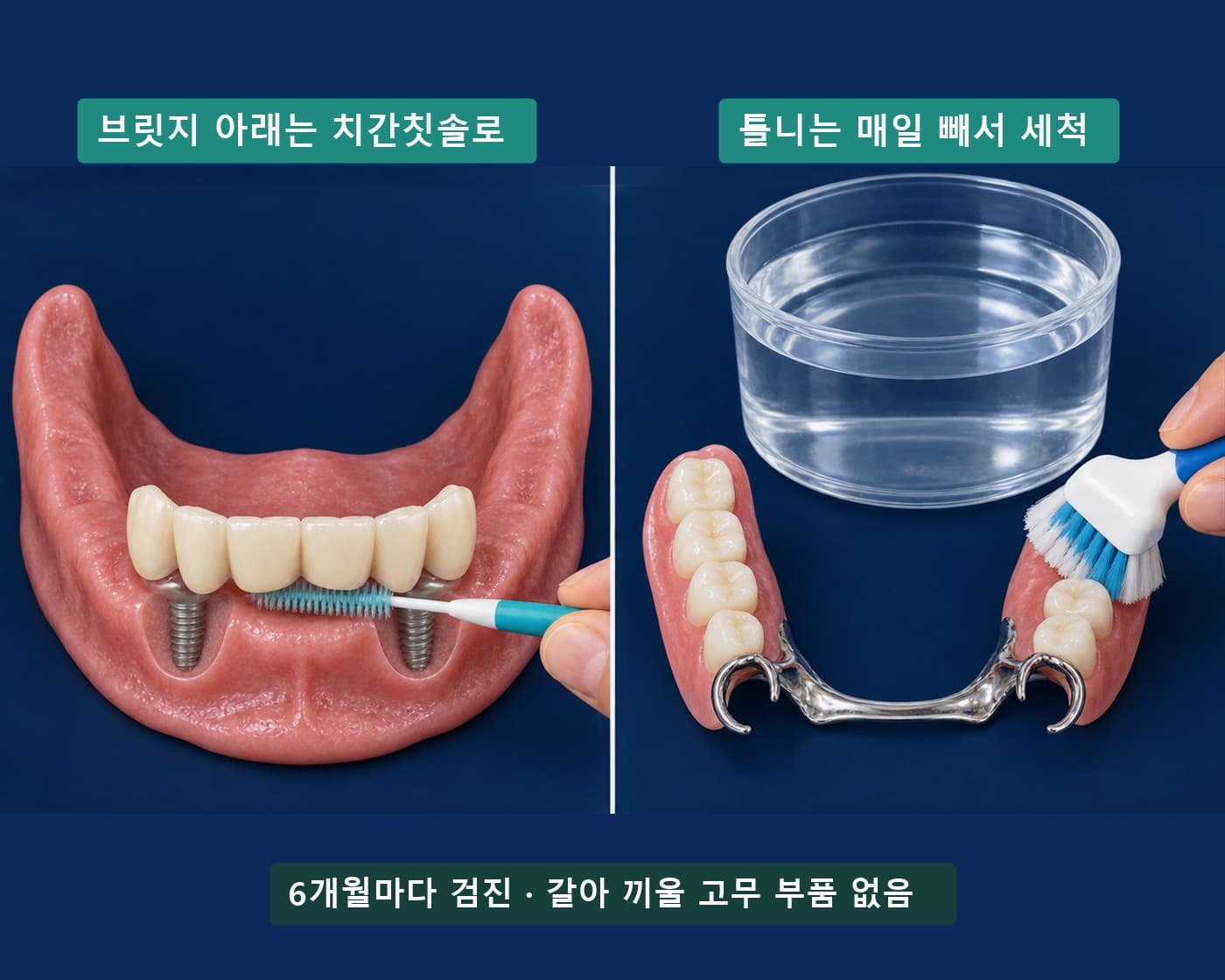 임플란트 브릿지 아래를 치간칫솔로 닦고 빼 둔 부분틀니를 세척하는 실사풍 모식도