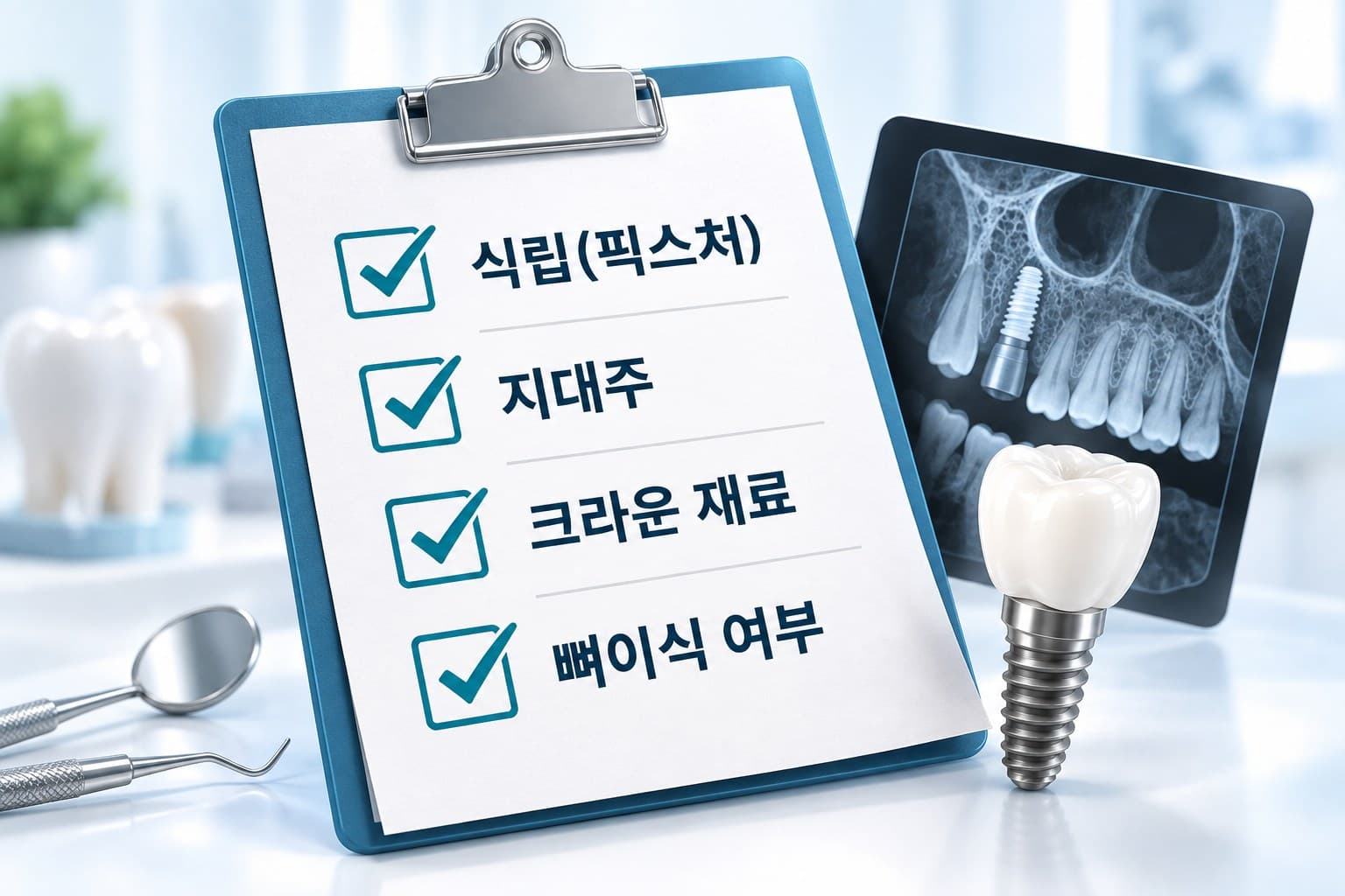 임플란트 견적서에서 확인할 항목을 표시한 도식