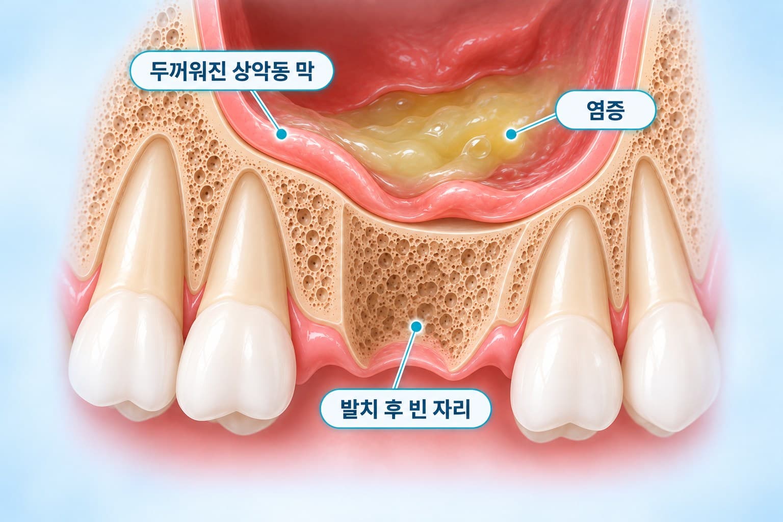 상악동 안에 염증 소견이 있어 거상술 전 재평가가 필요한 상태를 보여주는 도식