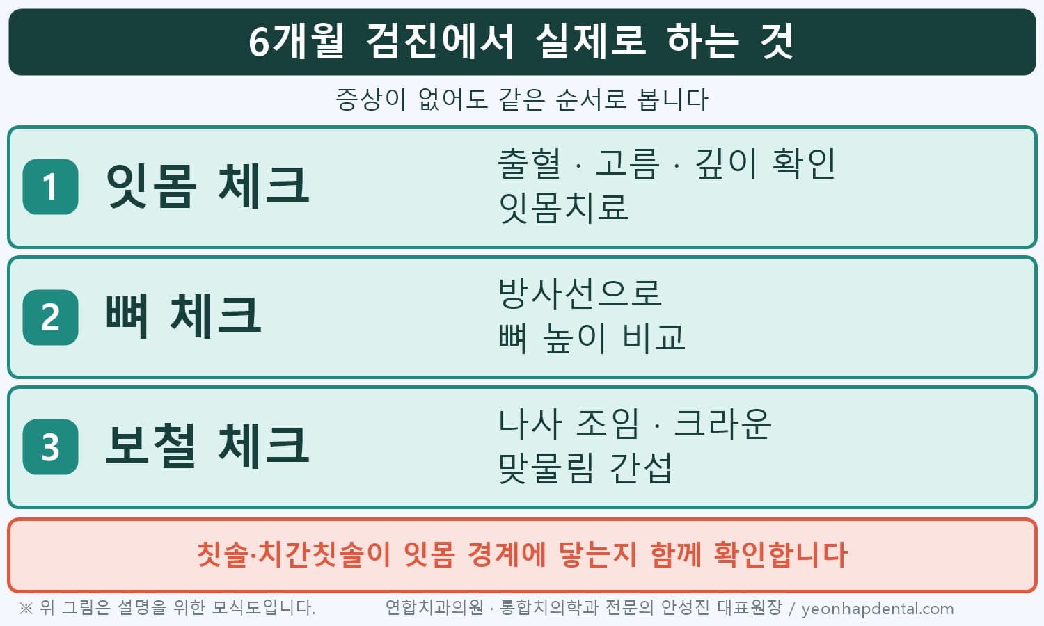 임플란트 6개월 검진 항목 인포그래픽, 잇몸·뼈·보철