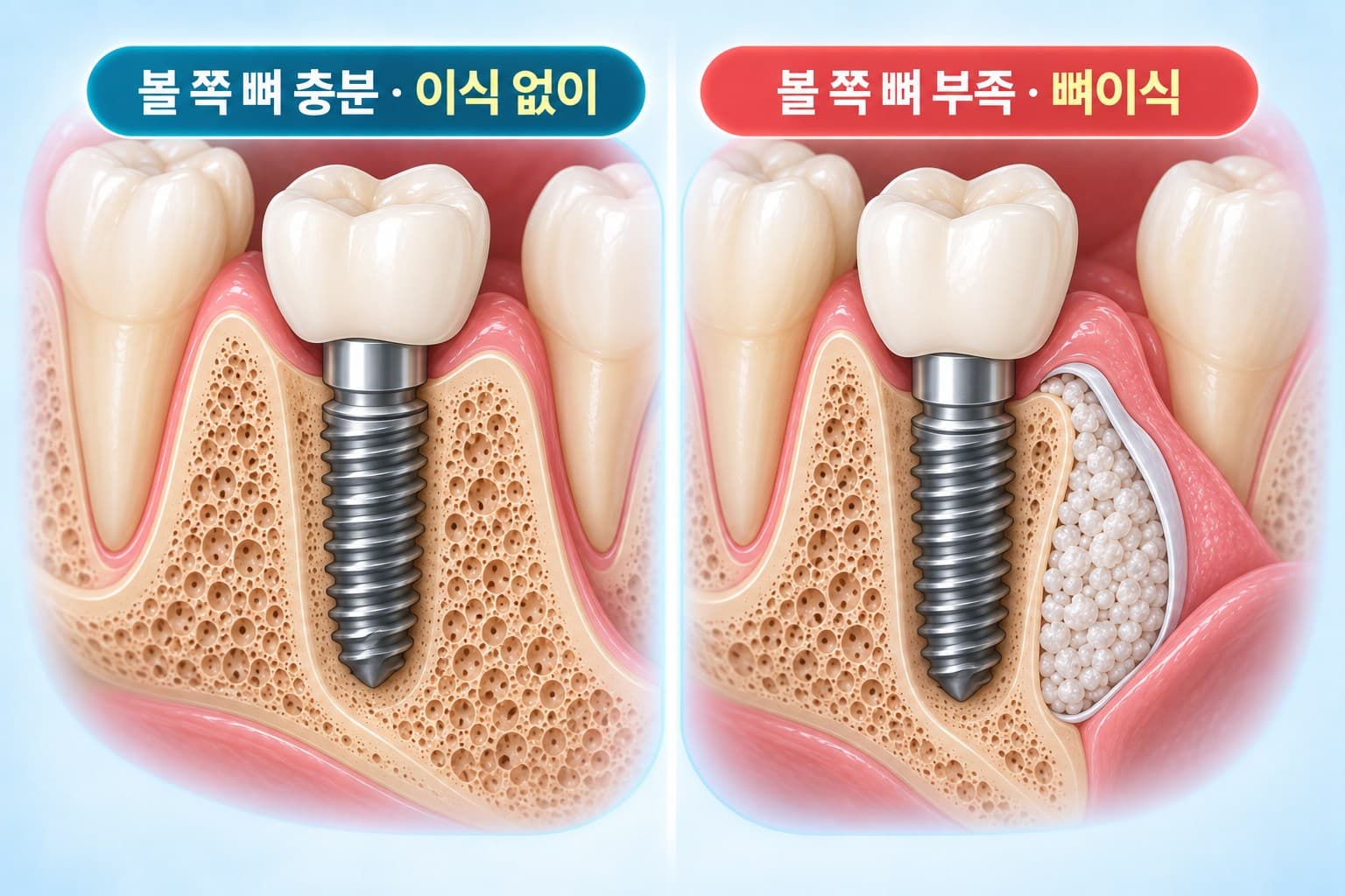 볼 쪽 뼈가 충분해 이식 없이 심은 임플란트와 뼈가 얇아 이식으로 보충한 임플란트를 비교한 단면 도식