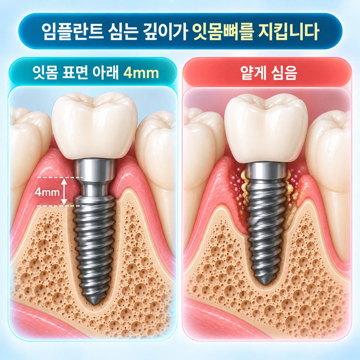 임플란트 식립 깊이 비교 도식, 잇몸 표면 아래 4mm에 심은 경우와 얕게 심어 뼈가 물러난 경우