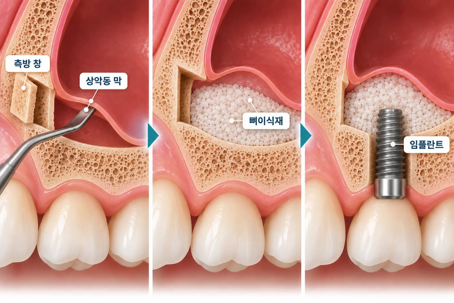 볼 쪽 뼈에 창을 내어 상악동 막을 직접 들어 올리는 측방 접근 상악동거상술 도식