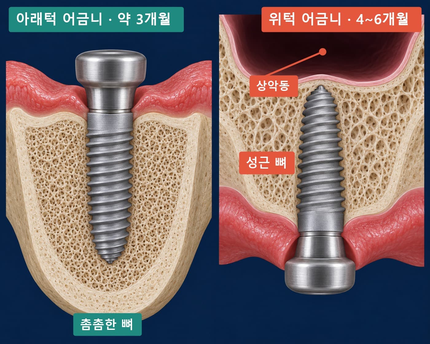 아래턱 어금니 임플란트의 촘촘한 뼈와 위턱 어금니 임플란트의 성근 뼈·상악동을 비교한 단면 모식도, 아래턱 약 3개월·위턱 4~6개월